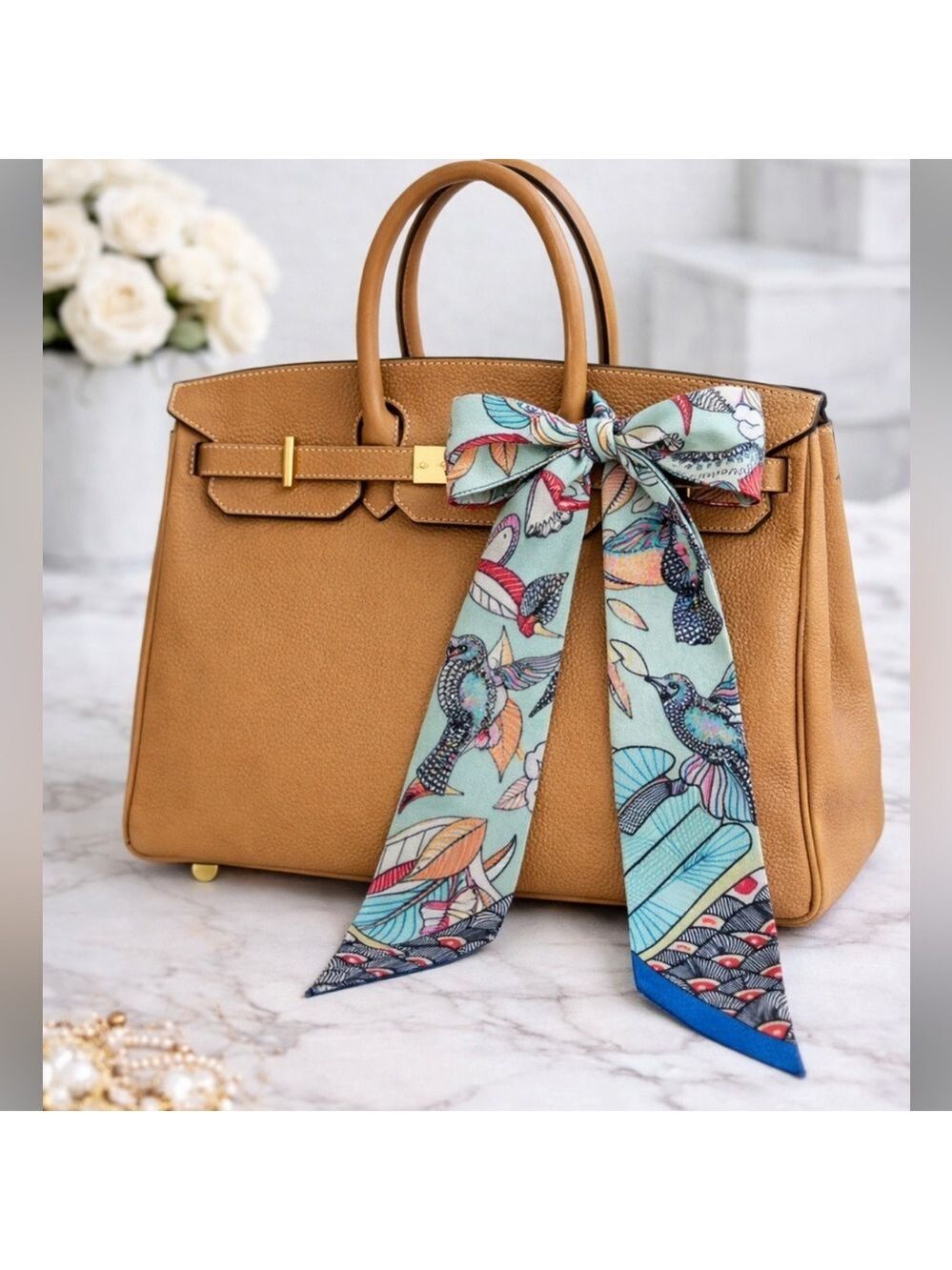 HUMMINGBIRD FLORAL SKINNY SCARF BAG HANDLE WRAP BANDEAU HAIR TIE PASTEL